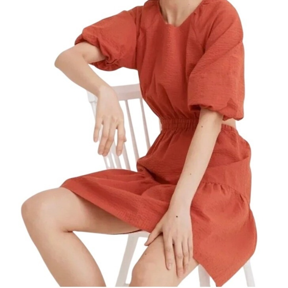 Madewell Women Medium Fresh Chili Puff Sleeve Cutout Back Mini Dress Rust Dobby